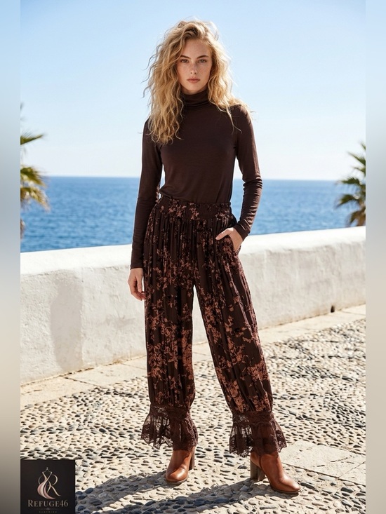 Sweetkama Pants - Lantern Pants - Lace Floral Flocked Elastic Waist Coffee NEW WITH TAGS